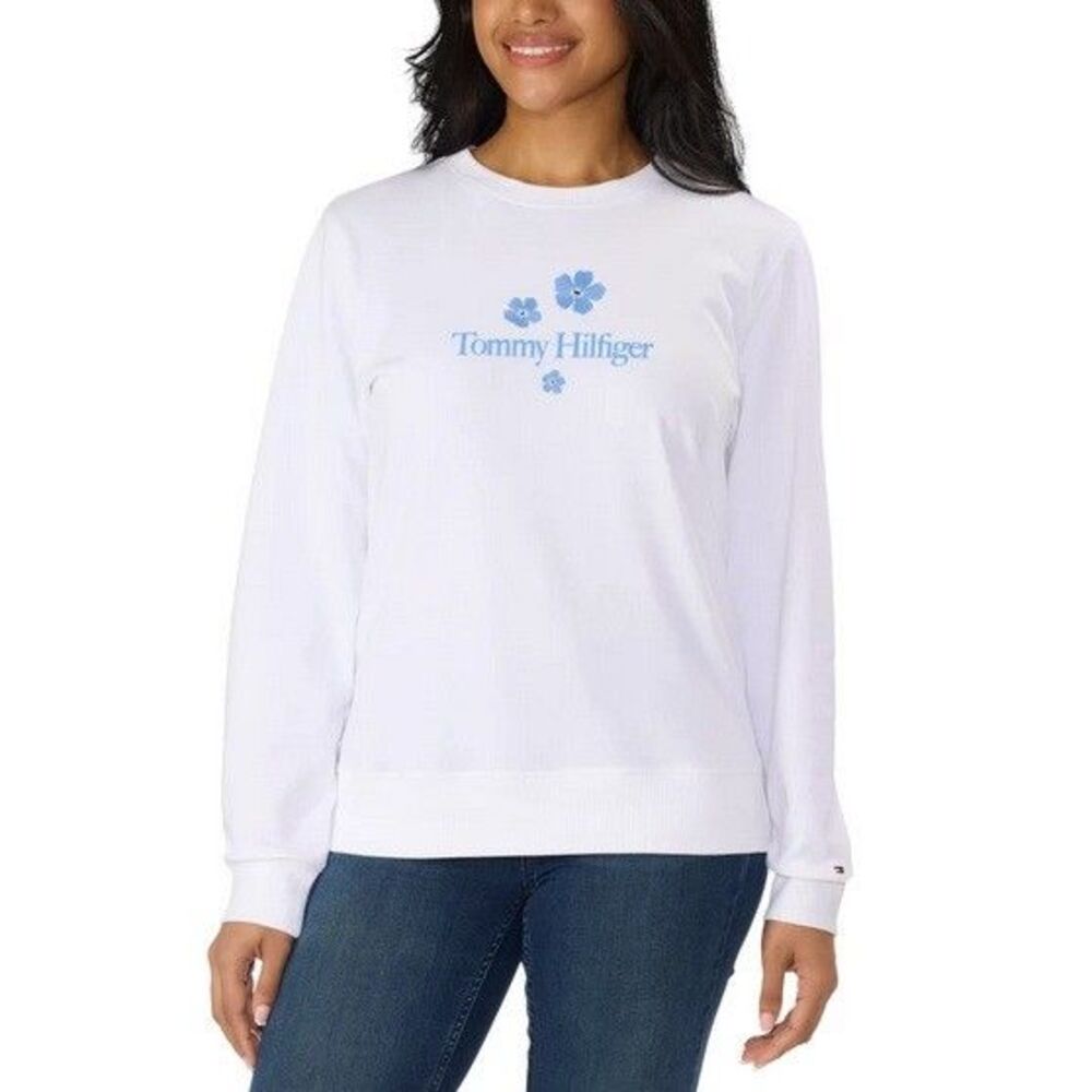 Tommy Hilfiger Ladies Embroidered Crewneck Sweatshirt Blue Floral Medium NWT